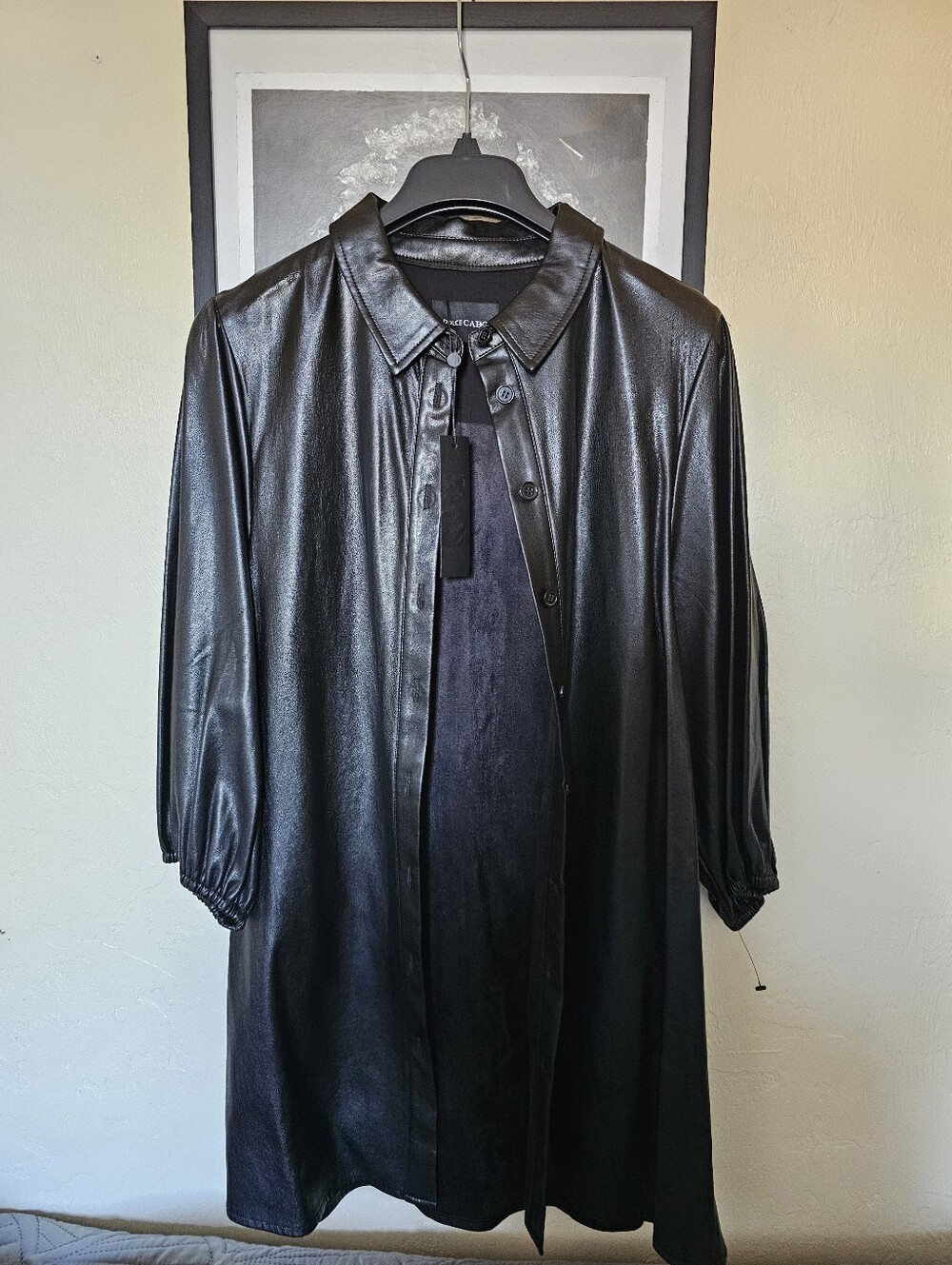 NWT Dolce Cabo Classic Faux Leather Shirt Dress Puff Sleeves Black L